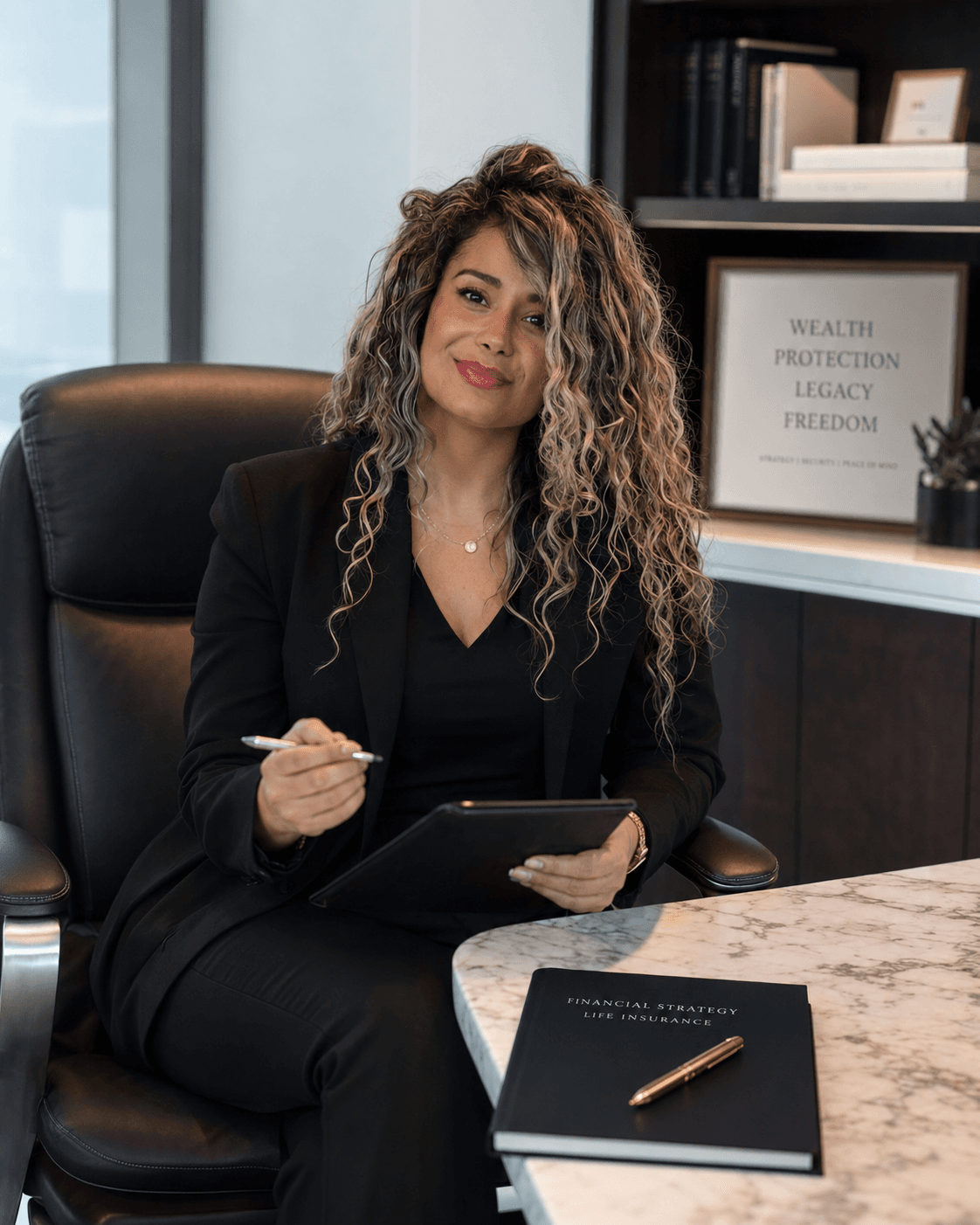 Linda Garcia en su oficina con los cuatro pilares: Wealth, Protection, Legacy, Freedom