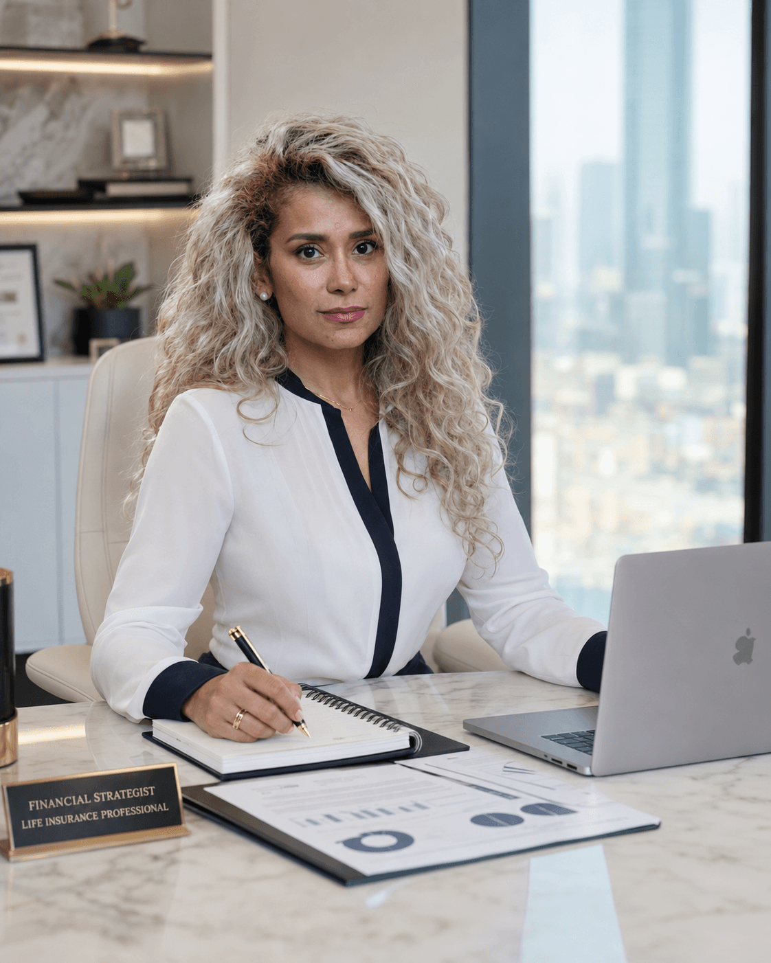Linda Garcia trabajando como estratega financiera en su oficina